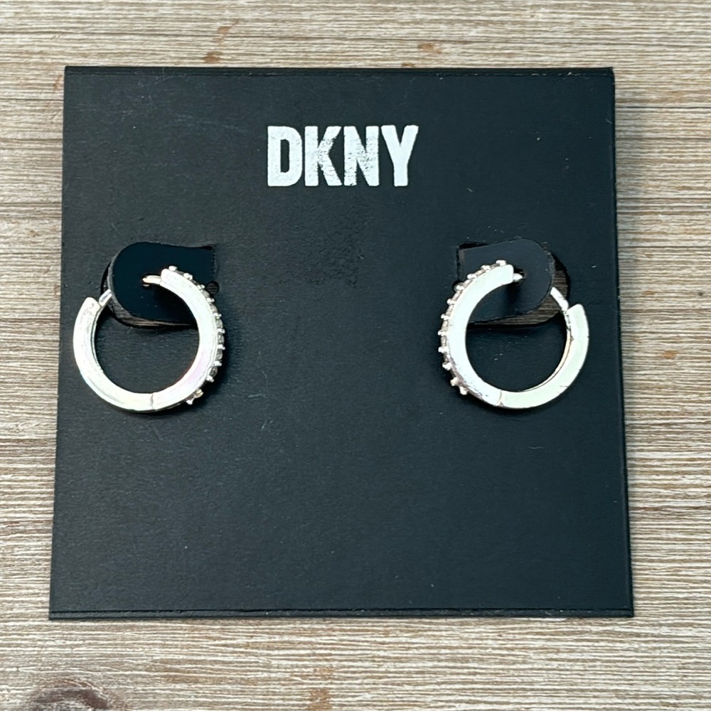 DKNY Silver Tone Crystal Huggies Hoop Earrings